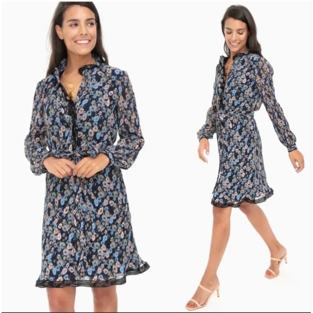 Tory Burch Deneuve Floral Dress Size 6 Blue Ruffle Lace Trim Belted Long Sleeve